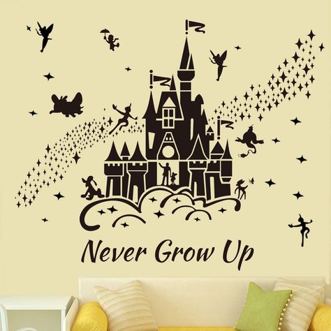 Disney Castle Wall Painting, Disney Themed Kids Room, Never Grow Up Quotes, Grow Up Quotes, Castle Wall Decal, Quotes Stars, Disney Kids Rooms, Castle Nursery, Diy Mural Art