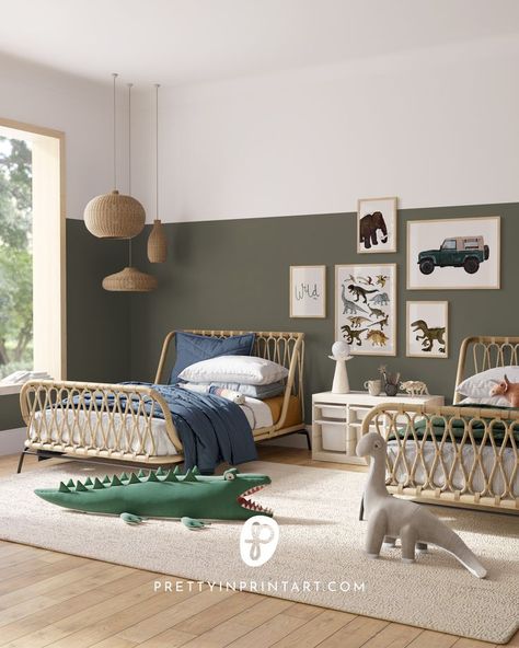 Looking for ideas on how to create a beautiful child's room that is dinosaur themed? We have stunning kids interior design ideas for you, dinosaur wall art prints, Land Rover jeep transport wall art, rattan bed for kids, IKEA Trofast storage for playroom Treron green wall paint by Farrow and Ball, cute bed linen for children, lighting for kids bedroom, dino room accessories. SHOP THE LOOK at prettinprintart.com Oval Room Blue, Printable Nursery Wall Art, Dinosaur Bedroom, Hague Blue, Dinosaur Room, Woolly Mammoth, Dinosaur Posters, Perfect Gallery Wall, Jun 2023