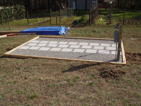 Path To Greenhouse, Ideas For Greenhouse Floors, Greenhouse Paver Floor, Green House Landscape, Floor For Greenhouse, Greenhouse Floors Diy, Diy Greenhouse Foundation, Greenhouse Base How To Build, Cinder Block Greenhouse Foundation