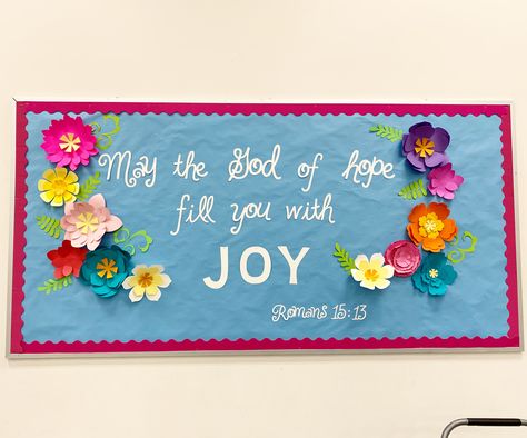 Butterfly Bulletin Board Ideas Christian, Diy Bulletin Board Flowers, Spring Catholic Bulletin Boards, Bible Verse Bulletin Boards Classroom, Spring Bulletin Board Ideas For Church, Spring Sunday School Bulletin Boards, Joy Bulletin Board Ideas, Bible Verse Bulletin Boards, Spring Church Bulletin Boards