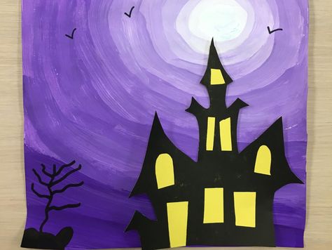 Haunted House Art, Halloween Art Projects, Halloween Writing, Tempera Painting, Black Construction Paper, Art Halloween, House Drawing, House Art, Birds Flying