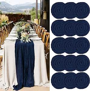 Navy Blue And Burgundy Wedding Table Centerpieces, Dark Blue Table Runner, Navy Cheesecloth Table Runner, Wedding Table Linens Round, Navy Table Runner Wedding, Talavera Table Setting, Navy Reception Decor, Dark Blue Wedding Decor, Round Table Runner Wedding