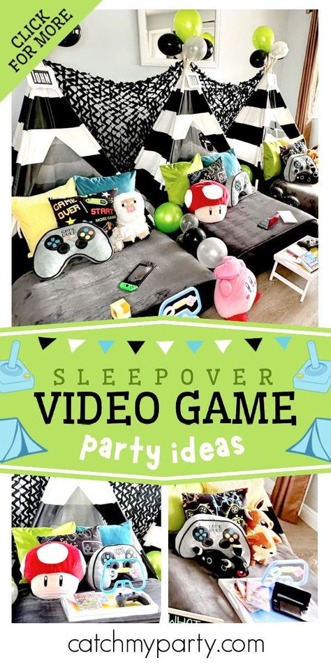 Check out this awesome video game sleepover! The party favors are so cool! See more party ideas and share yours at CatchMyParty.com Video Game Slumber Party, Video Game Sleepover Party, Boy Sleepover Ideas, Sleepover Ideas For Boys, Boys Sleepover Party Ideas, Video Game Party Ideas, Gamers Party Ideas, Video Game Party Theme, Bday Sleepover