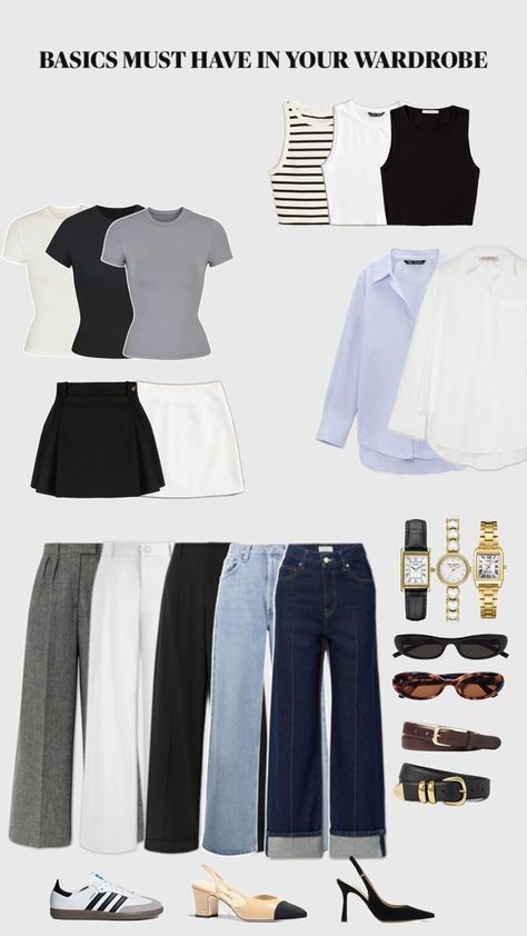 Closet Capsule Wardrobe Summer, It Girl Capsule Wardrobe, Clean Old Money Aesthetic, College Capsule Wardrobe 2024, Outfit Ideas With Basic Clothes, Summer Closet Capsule, Old Money Outfits Capsule Wardrobe, Korean Fashion Capsule Wardrobe, Capsule Shoes 2024