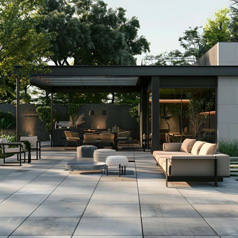 Patio - Size, Functionality, Uses, Furniture And Renovation Large Concrete Tiles, Modern Patio Decor, Home Decor Exterior, Dining Pavilion, Minimalistic Furniture, Porch Inspiration, Modern Patio Design, Concrete Patio Designs, Terrace Garden Design