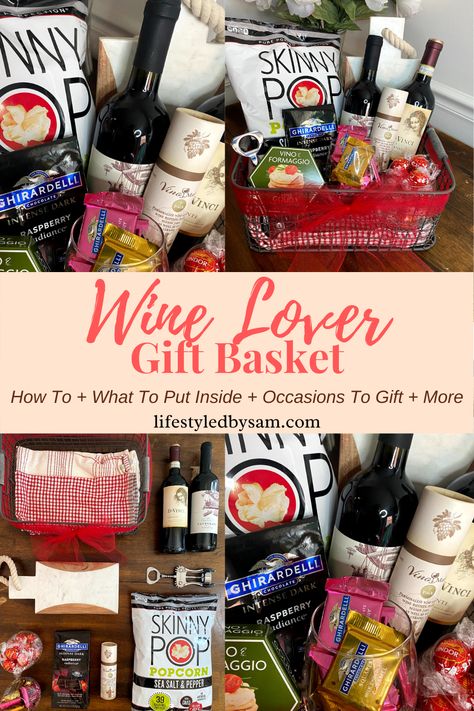 Liquor Baskets Ideas, Wine Gift Bag Ideas, Wine Basket Gift Ideas Diy Budget, Birthday Wine Basket, Wine Basket Gift Ideas Diy, Black Gift Basket Ideas, Wine And Chocolate Gift Basket, Wine Glass Gift Basket, Cooler Gift Basket