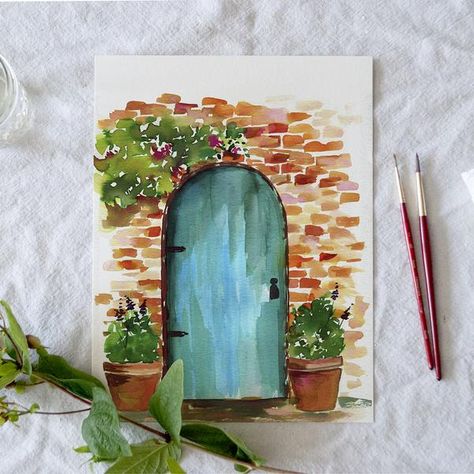 Canvas House Painting, Outdoor Watercolor Painting, Houses Watercolor Painting, Pencil Watercolor Drawing, Watercolor Home Painting, Watercolor Window Painting, Watercolor Painting On Canvas, Watercolor House Painting Tutorial, Art Inspiration Painting Watercolour