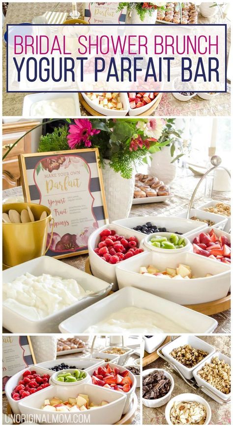 Easy Shower Brunch Idea,  Yogurt Parfait Bar, Brunch Food Ideas, Bridal Shower, Brunch Food, Baby Shower Bar, Shower Food Ideas Yogurt Parfait Bar, Bridal Brunch Food, Yoghurt Parfait, Parfait Bar, Wedding Shower Brunch, Salad Aesthetic, Sweet Custard, Breakfast Party Foods, Baby Shower Snacks