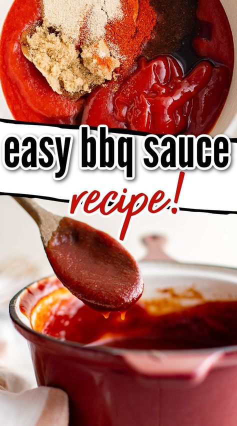 Two photos of barbecue sauce in a collage. Diy Bbq Sauce, Kansas City Bbq Sauce, Spicy Bbq Sauce, Easy Bbq Sauce, Best Barbecue Sauce, Homemade Bbq Sauce Recipe, Homemade Bbq Sauce, Barbecue Sauce Recipes, Diy Bbq