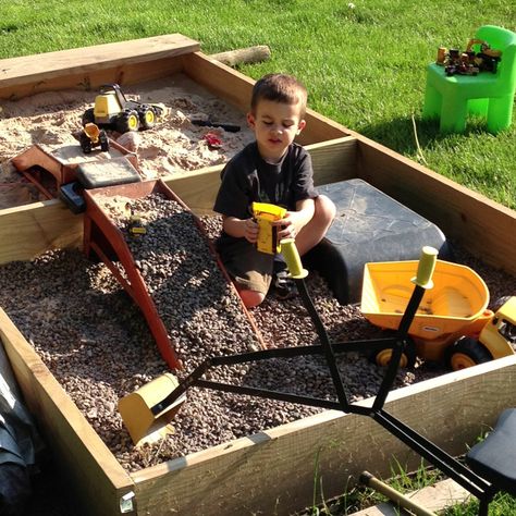 Dual sandbox/gravel pit! Highly recommend for anyone with a dirt loving boy!! Diy Sandbox, Outdoor Kids Play Area, Gravel Pit, Kids Yard, Outdoor Play Space, Play Area Backyard, Backyard Kids Play Area, Outdoor Play Spaces, Outdoor Play Areas