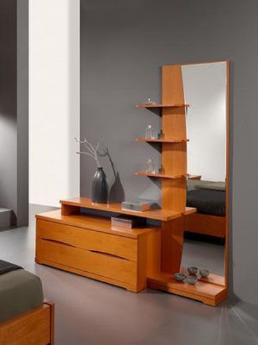 Layered dresser design, with a tall mirror sided with shelves and low drawers. Modern Dressing Table Designs, Modern Dressing Table, Dressing Table With Drawers, Full Mirror, Dresser Table, Dresser Design, Dressing Table Design, Bedroom Dressing, Bedroom Dressing Table