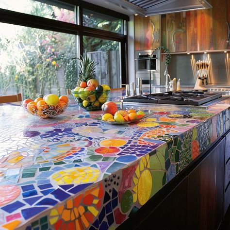 Ecosapiens | Picture a kitchen countertop adorned with a mosaic of vivid colors inspired by the Mediterranean: azure blues, sun-kissed yellows, fiery… | Instagram Kitchen Mosaic, Earthy Greens, Kitchen Countertop, Fiery Red, Azure Blue, The Mediterranean, Room Colors, Sun Kissed, Kitchen Countertops