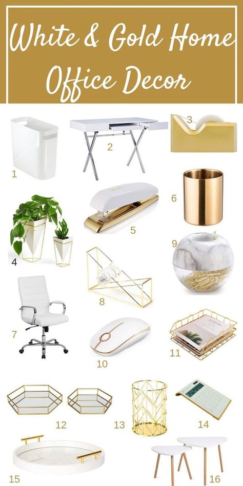 White And Gold Office Decor, Gold Home Office, Setting Up A Home Office, White Office Decor, Beautiful Home Office, Gold Office Decor, Functional Office, Work Desk Decor, Cheap Office Furniture