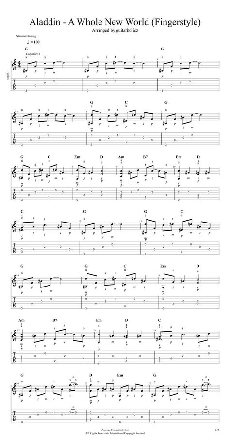 Easy fingerstyle guitar version with detailed fingerings on this famous song piece "Aladdin - A Whole New World". The piece was arranged in G major key. As written in the tabulature, it can be played in Ab major key by putting the capo on the 3rd fret position. Buy this guitar TAB at below link, www.musicnotes.com/l/KvcM8 Disney Guitar Tab, Easy Fingerstyle Guitar Songs, Guitar Fingerstyle Tab, Guitar Music Sheets, Disney Guitar, Guitar Fingerstyle, Learn Guitar Chords, Easy Guitar Tabs, Guitar Tabs Songs