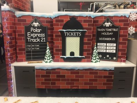 Train Schedule Board Design, Polar Express Ticket Booth Diy, Polar Express Desk Decorations, Polar Express Office Theme, Polar Express Theme Decoration, Polar Express Cubicle Decor, Hot Chocolate Door Decoration, Polar Express Decorations Hallways, Polar Express Decor