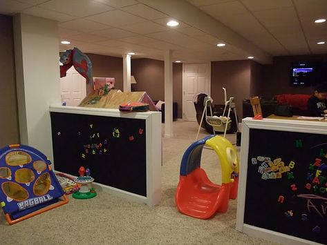 Toy Room In Basement, Basement Playroom Movie Room, Play Area In Basement Small Spaces, Basement Play Corner, Basement Toy Area, Basement Playroom Family Room Layout, Unfinished Basement Toy Room, Basement Playroom Paint, Basement Play Area Ideas