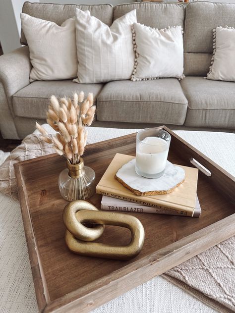 Coffee table tray, good decor, candle, ottoman tray Ottoman Coffee Table Tray Decor, Ottoman Decor Living Room Tray, Ottoman Decor Living Room, Room Inspo Clean, Ottoman Tray Decor Ideas, Square Coffee Table Decor, Square Coffee Table Styling, Ottoman Tray Decor, Bohemian Bathrooms