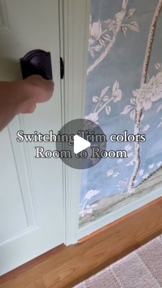 Christina on Instagram: "When I’m painting trim, I always have inquiries on where I transition the color from one room to the next. I paint the entire casing, up to the door stop. I paint the edge of the door that faces the inside of the room the same color as the room trim, and I paint the hinge side of the door the same color as the trim and casing on the outside of the room. When the door is closed, everything you see from both sides matches the trim color in that room. Save for the next time you’re painting different trim colors!" Transitioning Trim Colors, Trim Color Transition, Wall Color Transition Ideas, Window Trim Same Color As Wall, Trim Painted Same Color As Walls, Painting Trim Same Color As Walls, Painting Walls And Trim The Same Color, Painted Trim And Doors, Trim Colors Interior Baseboards