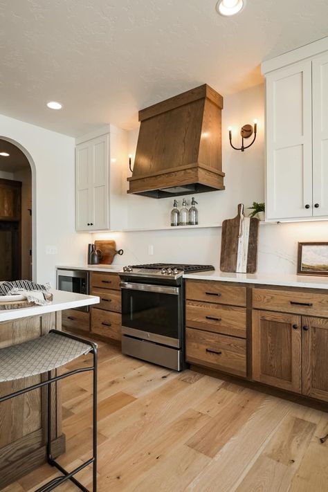 Hardwood Kitchen Cabinets, Wood Floor With Wood Cabinets, Wood Lower Cabinets White Upper, Rustic Hickory Kitchen Cabinets, Rustic Hickory Kitchen, Shaker Cabinets Kitchen, Hickory Kitchen Cabinets, Hickory Kitchen, Hickory Cabinets