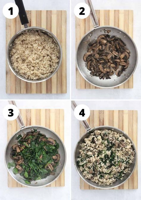 Add some veggies and flavor to your plate with this yummy spinach mushroom rice. Brown rice is mixed with sautéed garlic mushrooms and spinach for a versatile side dish that works with so many different cuisines. Easy and quick to make, it's a great way of sneaking in some extra veggies! Frozen Spinach Recipes, Mushroom Rice Recipes, Garlic Mushrooms Recipes, Jasmine Rice Recipes, Mushrooms And Spinach, Spinach Rice, Mushroom Spinach, Spinach Mushroom, Garlic Rice