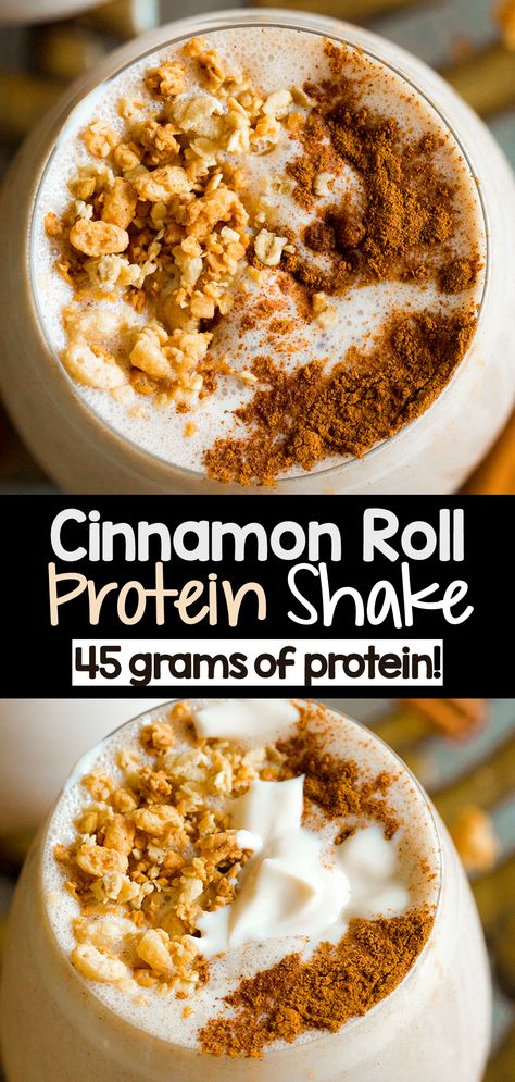 Healthy Cinnamon Roll Protein Shake (45 grams of Protein!) Oatmeal Cookie Protein Shake, What To Put In Protein Shakes, Cinnamon Roll Protein Smoothie, Vanilla Chai Protein Shake Recipes, Cinnamon Bun Protein Shake, Healthy High Protein Shakes, Coconut Cream Protein Shake, Vanilla Banana Protein Shake, Churro Protein Shake