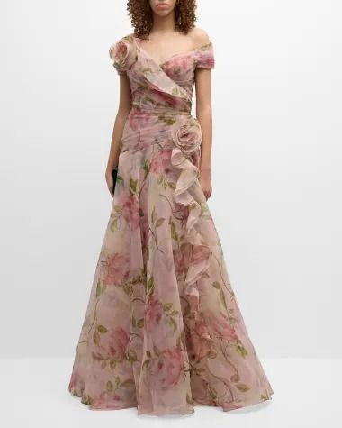 T5RM7 Rickie Freeman for Teri Jon Pleated Off-Shoulder Floral-Print Organza Gown Organza Gown, Organza Gowns, Pleated Gown, Pink Bridesmaid Dress, Teri Jon, Mother Of Groom Dresses, Groom Dresses, Mob Dresses, Floral Gown