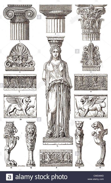 Download this stock image: Greek architecture sculpture - CWD4WD from Alamy's library of millions of high resolution stock photos, illustrations and vectors. Greek Drawing, Architecture Sculpture, 16 Tattoo, Architecture Antique, Greek Architecture, Bangunan Minecraft, Ancient Greek Art, Ancient Greek Architecture, Mythology Tattoos