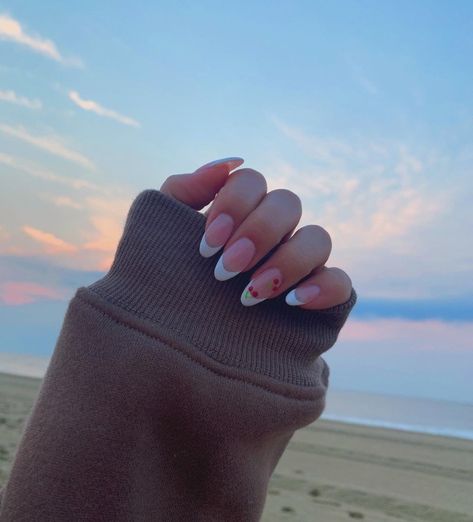 French Nails With Cherries, Nails With Cherries, Blush Pink Nails, Spring Acrylic Nails, Cherry Nails, Ombre Acrylic Nails, Simple Gel Nails, Casual Nails, Classy Acrylic Nails