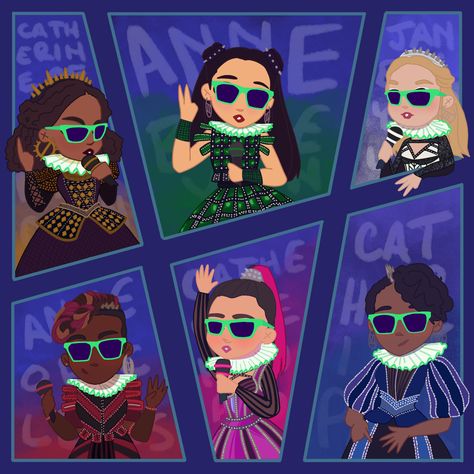 Six the musical, six singers wearing glasses and ruff collars Haus Of Holbein, Henry The 8th, Catherine Howard, Musical Wallpaper, Catherine Parr, Katherine Howard, Musicals Funny, Six The Musical, Anne Of Cleves