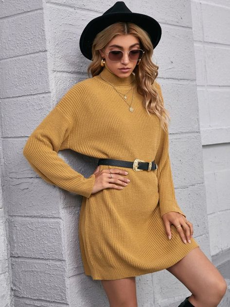 Mustard Sweater Dress, Turtleneck Dress Outfit, Turtle Neck Dress Outfit, Yellow Turtleneck, Mustard Sweater, Belted Sweater, Fall Winter Dresses, Turtleneck Sweater Dress, Cardigan Sweater Dress