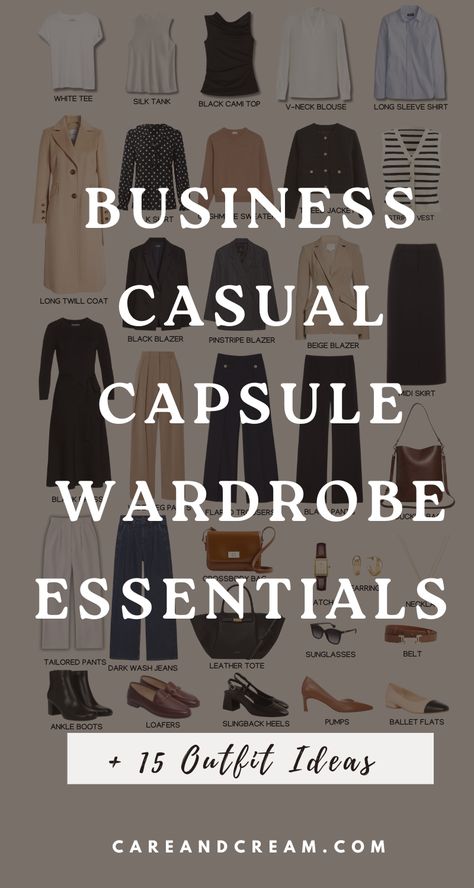 Discover the essentials for a chic business casual capsule wardrobe with this post. Filled with 15+ business casual outfits for work, the blog highlights key pieces for an impressive corporate look. Learn how to mix business casual workwear capsule pieces to create fashionable women's workwear outfits, proving office capsule wardrobes can be sophisticated and trendy. Classic Work Capsule Wardrobe, Women’s Fashion Casual Work, Summer Work Wardrobe Capsule, Plus Size Business Capsule Wardrobe, Business Casual Women Over 50, Nursing Conference Attire, Work Casual Capsule Wardrobe, Office Work Wear Women, 3 Day Business Trip Packing Work Outfits