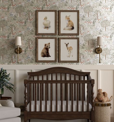 Dark Brown Nursery Furniture, Dark Wood Nursery Ideas, Baby Boy Nursery Themes Animals, Woodsy Nursery Gender Neutral, Warm Nursery Ideas, Dark Brown Nursery, Cowboy Baby Room, Vintage Style Nursery, Brown Nursery Ideas