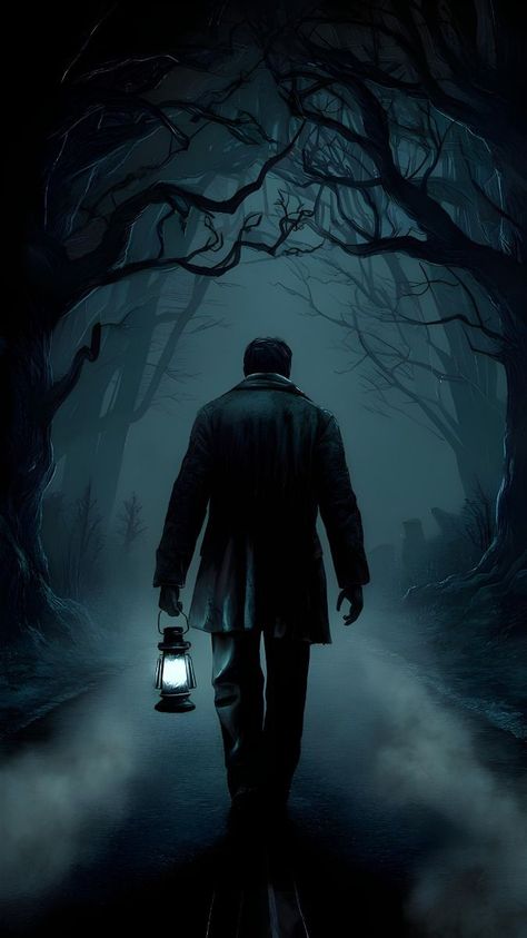 Man Holding Lantern Reference, Holding Lantern Reference, Mysterious Lighting, Man With Lantern, Filming Aesthetic, Forest Mystery, Mystery Wallpaper, Horror Tree, Occult Detective