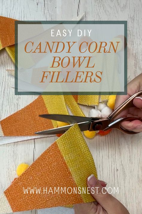 Candy Corn Candles Diy, Halloween Bowl Fillers Diy, Dollar Tree Candy Corn Garland, Stacked Fabric Pumpkins, Dollar Tree Candy Corn Crafts, Candy Corn Bowl Fillers, Pumpkin Bowl Fillers, Candy Corn Crafts Diy, Bowl Fillers Diy