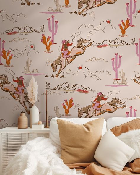 Cowgirl Vanilla Wallpaper, Wild West Peel and Stick Wallpaper, Howdy Pink Woodland Rodeo and Cactus Nursery Children Girl Neutral Vintage - Etsy Cowgirl Room, Western Nursery, Cowgirl Nursery, Wallpaper Wall Decor, Blooming Cactus, Thick Wallpaper, Cactus Pattern, Salon Suites, Wall Art Room Decor