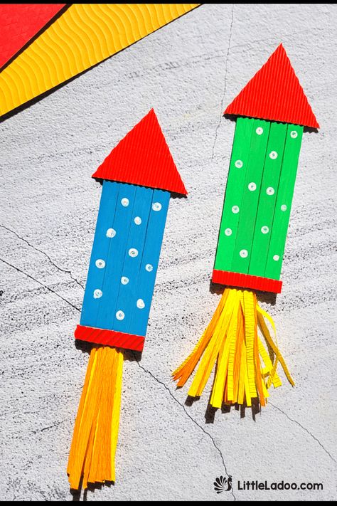 Popsicle Stick Rocket Firework Craft Popsicle Stick Rocket Ship, Ice Cream Stick Craft For Diwali, Diwali Decorations Classroom, Diwali Rocket Craft, Diwali Class Board Decoration, Diwali Craft Ideas For School Students, Diwali Decoration Diys, Diwali Art And Craft For Kids, Diwali Craft Preschool