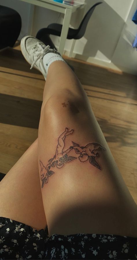 3 Angels Tattoo Above Knee, Bird Above Knee Tattoo, Tattoo Behind Thigh Women, Angle Leg Tattoo, Angel Above Knee Tattoo, Angel Wings Knee Tattoo, Angel Tattoo On Thigh, Angel Wing Knee Tattoo, Knee Angel Tattoo