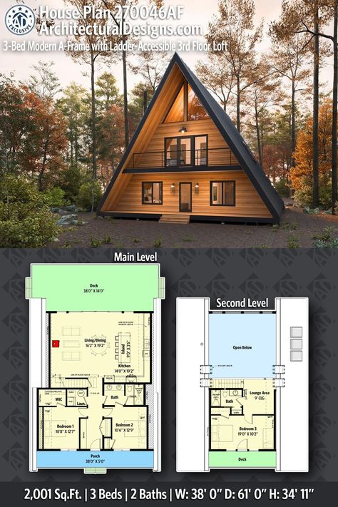 House Plan 270046AF gives you 2000 square feet of living space with 3 bedrooms and 2 baths House With Staircase In Middle, A Frame Cabin Plans Layout Open Floor, 1200 Sq Ft A Frame House Plans, 2 Bed 2 Bath A Frame, Tiny House Village Plans, A Shape House Interior, Tree House Floor Plans Treehouse, Trapper Cabin Plans, Chalet Floor Plans With Loft