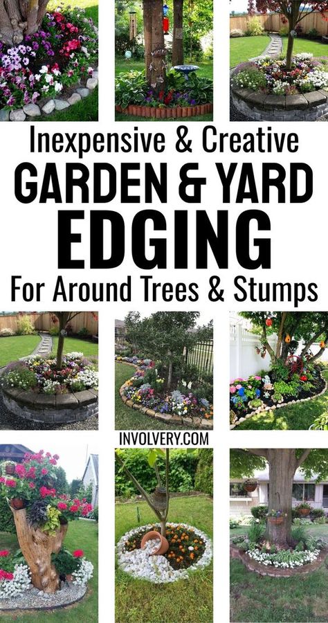 Garden Edging Ideas - Inexpensive DIY Borders For Landscaping Around Trees and Stumps In Your Yard - flower borders, rock borders brick stones, lawn edging ideas cheap, garden boarders ideas Edge Border Landscape, Diy Brick Landscape Edging, Tree Edging Ideas Front Yards, Edging Ideas For Flower Beds, Edging Around Trees Ideas, Diy Flower Bed Border Ideas, Border Around Tree, Garden Borders Ideas, Landscape Borders Edging