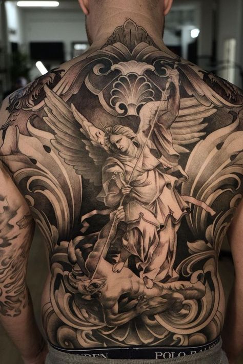 This beautiful black and grey back piece made in a realistic style that potraits the good vs evil. This amazing backpiece is made by a master in the style of black and grey realism, also know as @martinrothe. This piece is made at @ironandinktattoo studios in Vejle, Denmark. Evil Back Tattoo, Full Back Piece Tattoo Men, Back Piece Tattoo Men, Angel Back Tattoo, Archangel Michael Tattoo, Black And Grey Realism, Cherub Art, Traditional Japanese Tattoo, Backpiece Tattoo