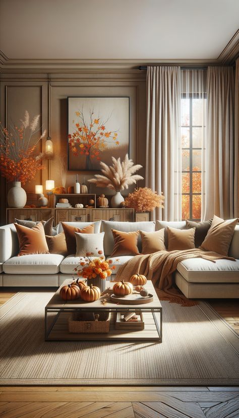 A warm living room with an autumn theme: A large neutral sectional sofa with cozy pillows in orange and brown. Pumpkins and autumn leaves decorate the wooden coffee table. The room is filled with natural light from large windows with sheer curtains. Cream And Orange Living Room, Autumn Living Room Ideas, Curtains Inspiration, Sofa Rustic, Cozy Fall Living Room, Warm Inviting Home, Elegant Fall Decor, Sectional Sofa Beige, Autumn Living Room