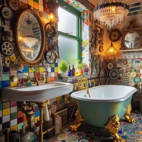 15 Eclectic Bathroom Ideas for Unique and Stylish Spaces — Lord Decor Folk Bathroom, Bathroom Quirky, Eclectic Bathroom Ideas, Maximalist Bathroom, Small Half Bathrooms, Painting Bathroom Tiles, Quirky Bathroom, House Redo, Eclectic Bathroom