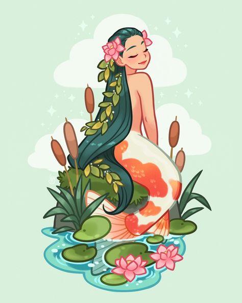 Just a koi mermaid taking a moment to breathe in the forest air. 😌✨ I love mermay and this year instead of going for an ocean setting for my monthly print and stickers, I am going with a lagoon setting, somewhere deep in the woods. 🪷 This will be this month’s print! And you can already see the sketches for the upcoming stickers over on my Pa••eon! ♥️ • • • • #mermaid #mermay #pond #lagoon #otter #swan #frog #lilypads #digitalart #procreate #ipad #illustration #artprint Lily Pad Character Design, Mermaid In A Bathtub, Mermaids Illustration, Pond Mermaid, Mermaid Illustration Art, Siren Illustration, Koi Mermaid, Mermay Art, Lagoon Art