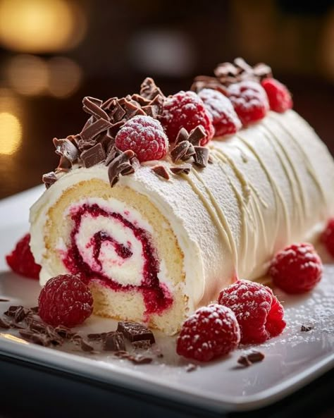 🍰 Elegant Raspberry White Chocolate Cake Roll 💖🍰 A light, airy cake filled with creamy white chocolate, tart raspberry jam, and fresh raspberries. Perfect for special occasions with a gorgeous finish! Ingredients: 4 large eggs, separated 3/4 cup granulated sugar, divided 1 teaspoon vanilla extract 3/4 cup all-purpose flour 1/2 teaspoon baking powder 1/4 teaspoon salt For the Filling: 1 cup white chocolate chips 1/2 cup heavy cream 1 cup fresh raspberries (plus extra for garnish) 1/4 cup ra... White Chocolate Raspberry Yule Log, Raspberry And White Chocolate Cake, Log Roll Cake, Raspberry Roll Cake, Vanilla Raspberry Cake, Raspberry White Chocolate Cake, White Chocolate Tart, Chocolate Cake Roll, Tart Raspberry