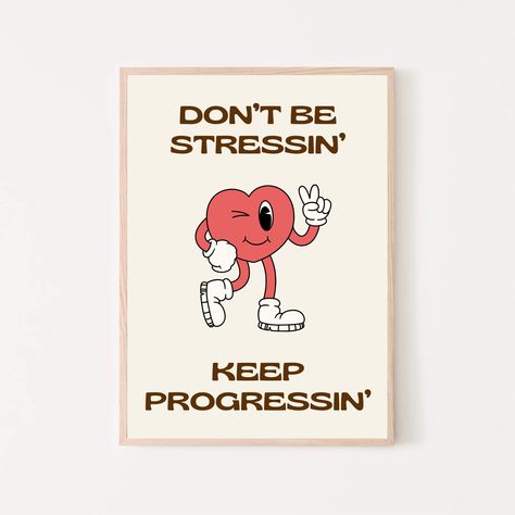 "This retro character printable poster provides fun and trendy boho wall decor to help inspire more self-love, positivity, and personal growth with the quote \"Don't be stressin', keep progressin\". These printable retro wall art quotes also make a charming and whimsical gift idea as affordable office wall decor for any psychologist, school counsellor, therapist, teacher or social worker's office. Add some vintage vibes to your walls with this delightfully funny and positive retro character art print! Easily customizable to 20+ frame sizes and instantly accessible as a digital download for you to print at home, take to your local print shop, or upload to a printing service and have them delivered to your door! ✦✦ INSTANT DOWNLOAD ✦✦ This print is a digital download only, which means that n Quirky Office Decor, Vintage Office Decor Ideas, School Psychologist Office Decorations, Funky Office Decor, Cool Classroom Decor, Dorm Couch, Whimsical Office, Psychology Office Decor, Social Worker Office Decor