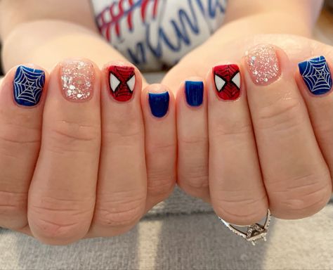 Spiderman Nails Short Simple, Miles Morales Nail Art, Spidey And His Amazing Friends Nails, Marvel Nails Short, Spiderman Nails Designs Easy, Spiderman Gel Nails, Spiderman Manicure, Short Spider Man Nails, Short Nails Spiderman