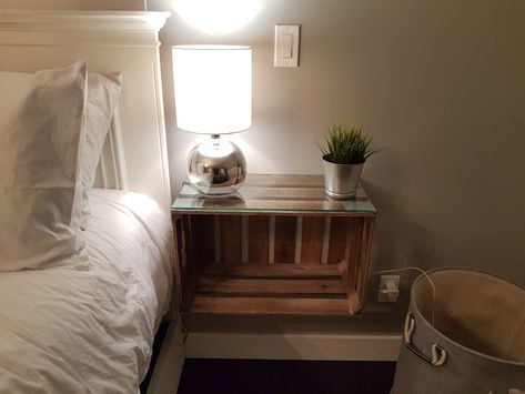 Crate Bedside Floating Table. Floating Crate Nightstand, Crate Bed Side Table, Crates As Bedside Tables, Wood Crate Floating Nightstand, Floating Crate Shelves, Diy Crate Nightstand, Diy Bedside Shelf, Wooden Crate Bedside Table, Crate Upcycle