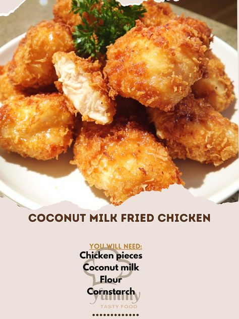 🍗 "Try Coconut Milk Fried Chicken—a crispy, flavorful twist on your favorite fried chicken. A must-try for any meal! 🥥🍗 #CoconutFriedChicken #CrispyDelight" Coconut Milk Fried Chicken Ingredients: Chicken pieces (1 kg) Coconut milk (1 cup) Flour (1 cup) Cornstarch (1/2 cup) Garlic powder (1 tsp) Onion powder (1 tsp) Paprika (1 tsp) Salt (to taste) Pepper (to taste) Oil (for frying) Instructions: Marinate chicken in coconut milk for at least 2 hours. Mix flour, cornstarch, garlic powder, o... Coconut Milk Fried Chicken, Coconut Fried Chicken, Furikake Chicken Recipe, Recipes With Coconut Milk, Chicken In Coconut Milk, Fried Chicken Ingredients, Coconut Milk Chicken, Marinate Chicken, Coconut Milk Recipes