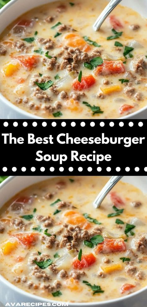 Looking for a comforting dish that the whole family will love? This Cheeseburger Soup recipe combines savory beef flavors with creamy goodness, making it an ideal choice for quick weeknight dinners or cozy gatherings. Best Cheeseburger Soup, Soup Cheeseburger, Pagan Food, The Best Cheeseburger, Cheeseburger Soup Recipe, Seafood Ideas, Best Easy Recipes, Beef Potatoes, Cheese Burger Soup Recipes