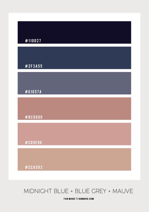 Midnight Blue, Blue Grey and Mauve Bedroom Color Scheme Midnight Blue Color Palette, Bedroom Mauve, Baby Boy Room Decor Ideas, Mauve Bedroom, Blue Scheme, Earth Tone Bedroom, Black And White Home Decor, Hex Color Palette, Midnight Blue Color